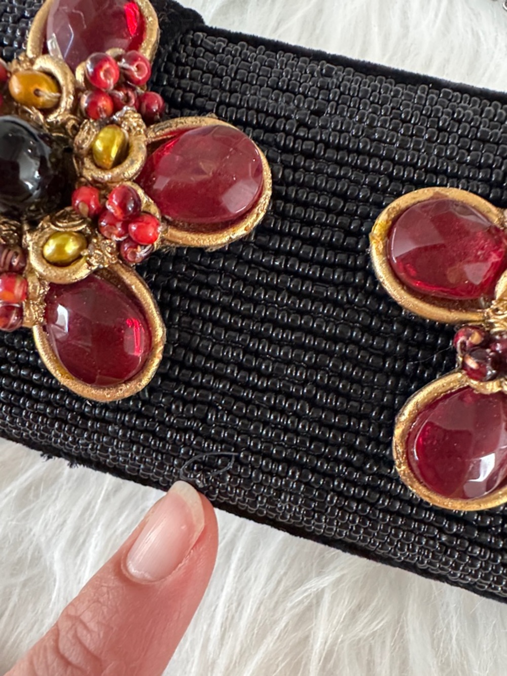 Mary Frances Black Beaded Evening Clutch with Red Gem Flower Accents - Picture 13 of 15